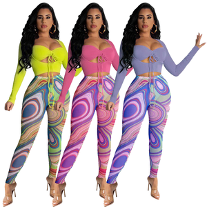 Women's 2 Piece Printed Long Sleeve Lace Up Top With Full Length Pants <b>Set</b> Breathable Skinny Fit Spring Summer Fashion - Product Image 6