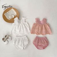 Conjunto de Algodón para Bebé de Marca Privada, Top con Ojales y Braguita, 100% Bordado, Elegante, Ropa Infantil de Verano, Personalizado