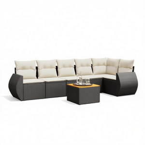 Set divano da giardino in rattan bianco crema e nero, 6 posti, mobili da esterno, design contemporaneo - Product Image 1