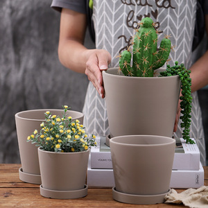 Pots de plantes vintage en céramique, Design simple et respirant pour décoration de jardin, <span class=keywords><strong>poterie</strong></span> avec plateaux, 8 pièces - Product Image 6
