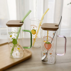Wholesale High Quality Transparent <strong>Can</strong> Cups <strong>With</strong> Bamboo Lids and Glass Straw Square Glass Coffee Cup <strong>With</strong> Color <strong>Handle</strong> - Product Image 2