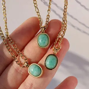 MICCI Wholesale Custom 18k Gold Plated Stainless Steel Jewelry Figaro Chain Natural Green Amazonite Gem Stone Pendant Necklace