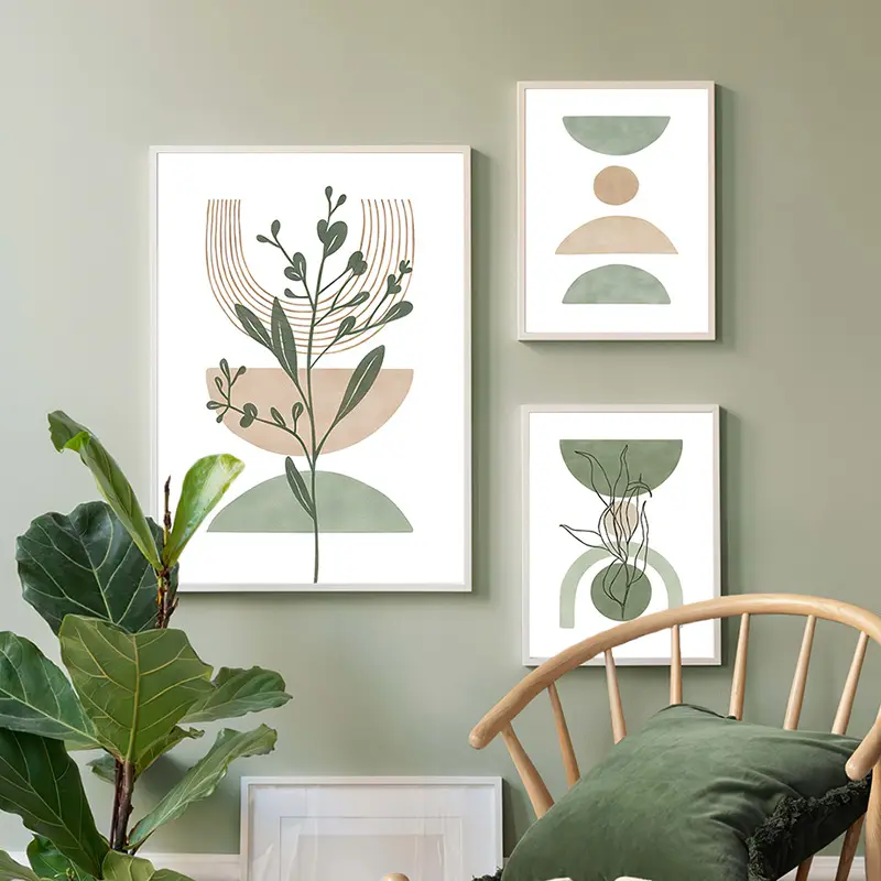 Украшение дома в скандинавском стиле с зелеными абстрактными геометрическими растениями, Художественная печать листьев, плакат с поплавочной рамкой