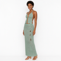 Ensemble de crochet personnalisé avec logo pour femme, ajouré, court, à cordon de serrage, sans manches, col en V, géométrique, vert, été, polyester, usine OEM & ODM