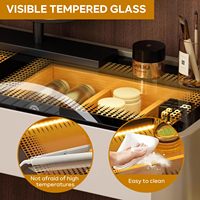 Coiffeuse moderne avec tiroirs en verre trempé apparents, armoire latérale interchangeable et miroir LED 3 couleurs pour chambre à coucher.