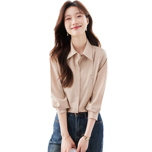 White Satin Long Sleeve Shirt For Women Work Solid Color Simple Design Polyester Fabric Q9961 - Product Image 5