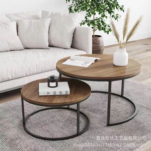 Round coffee <b>table</b>, simple retro style, mother and child round coffee <b>table</b>, wrought iron coffee <b>table</b>, household telescopic - Product Image 1