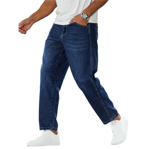 <strong>Men's</strong> Dark <strong>Denim</strong> Blue Relaxed Drop Crotch <strong>Jeans</strong> Mid Waist Utility Casual Style Breathable and Washable for All Seasons - Product Image 1