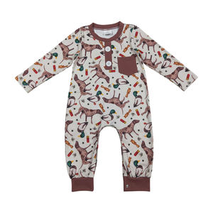 Vêtements pour bébés filles de haute qualité, design estival, imprimé chien de chasse et canard, manches courtes, fermeture à boutons vertes, combinaison - Product Image 1
