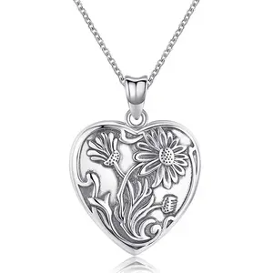 925 Sterling Silver Sunflower Heart Locket Necklace Holds Pictures