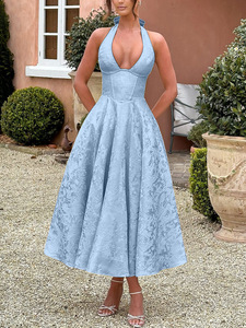 Elegant Pink Satin Halter A-Line <b>Tea</b>-Length Evening <b>Dress</b> Sleeveless Natural Waistline Solid Pattern Woven Fabric - Product Image 4