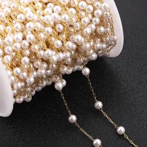 Waterproof Stainless Steel Gold Paper Clip Link Pearl Beaded Chain Roll Trim Pearl Chain for Jewelry Making DIY Bulk Wholesale