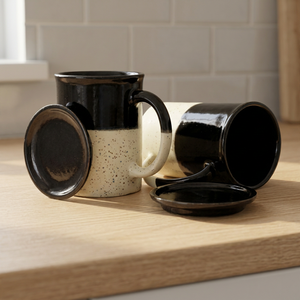 Tasses et mugs en grès noir moucheté avec couvercle – Tasse à café en céramique moderne avec poignée confortable pour la maison et le bureau - Product Image 5