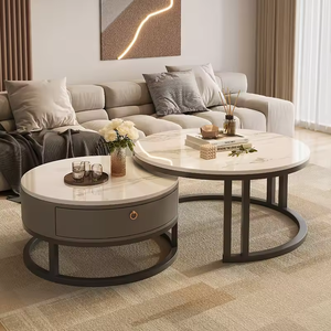 Set di Tavolini <span class=keywords><strong>da</strong></span> Caffè Rotondi Moderni con Piano in Pietra Sinterizzata, 2 Pezzi con Cassetto Portaoggetti per Piccoli Appartamenti - Product Image 1