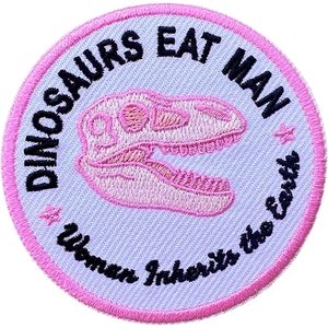 Patch brodé thermocollant ou à coudre sur tissu, motif Dinosaures mangent l'homme, la femme hérite de la Terre, 3 pouces - Product Image 1
