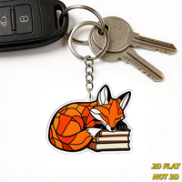 Porte-clés en acrylique Renard endormi avec livres, breloque animale fantaisie style vitrail, léger, petit