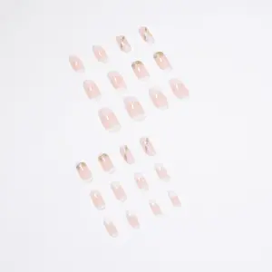 24PCS punta francese geometria stampa glitter polvere gradiente corto rosa francese unghie finte