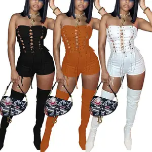 Hot selling sexy Summer Rompers for Women One Piece Jumpsuit 2022 Short Tight Strapless Jumpsuit Hollow Out Lace Up Jumpsuit