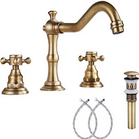 Robinet de lavabo de salle de bain 8 pouces à 2 poignées et 3 trous, montage sur plan, finition laiton antique, avec ensemble de douche en céramique, siphon et trop-plein
