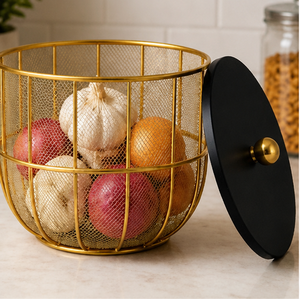 Nordic Gold Metal <b>Mesh</b> Fruit Basket with Lid Dustproof & <b>Insect</b> Resistant Kitchen Countertop Organizer - Product Image 4