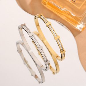 Waterproof Geometric Crystal Double Layer Open Bracelet for Women Stainless Steel Cuff <b>Bangles</b> Fashion Party Jewelry Gift - Product Image 2