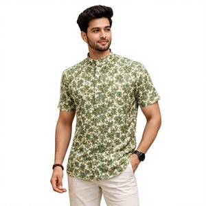 <b>Men's</b> Cotton <b>Kurta</b> With Floral Print Regular Fit Casual Wear For Summer India Pakistan Style - Product Image 1