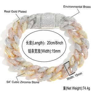 Moda 15mm Cadena de burbujas de tres colores Iced Out CZ cadena de eslabones cubanos personalizado para hombre chapado en oro collar cubano joyería de Hip Hop - Product Image 6