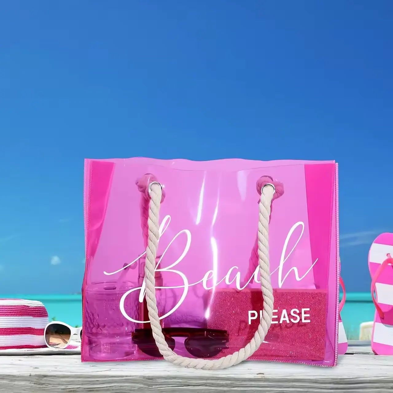 Bolsas rosas transparentes personalizadas con asa de algodón grueso, bolso de compras de Pvc impermeable a la moda, bolso de playa transparente con holograma