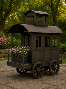 Chariot à fleurs vintage en métal artisanal, chariot de jardin rustique, présentoir floral, décoration de jardin extérieur, patio, maison - Product Image 3