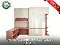Muebles Modernos para Dormitorio de Niñas en Color Rosa, Sistema Integrado de Escritorio y Armario, Armario Infantil con Escritorio
