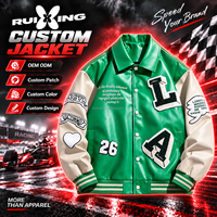 Blouson universitaire en cuir pour homme, vert et blanc, avec motifs graphiques, lettres et numéros, boutons-pression, style streetwear