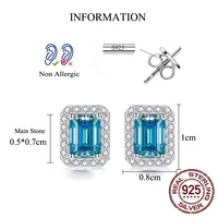 Boucles d'oreilles clous en argent sterling 925, zircon cubique bleu taille émeraude, avec halo, hypoallergéniques, bijoux d'oreille pour femme, usage quotidien