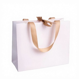 Luxury White Square Bottom Carrier <b>Bag</b> with Twisted Handles Custom Logo Ribbon Tie Recyclable Packaging - Product Image 4