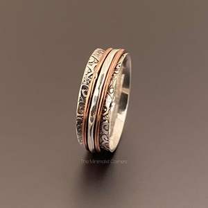 925 Sterling <b>Silver</b> Two Tone Spinner Ring Handmade Ethnic Wedding Ring Unisex Classic Style Certified Anxiety Fidget Ring - Product Image 1