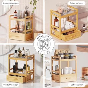 Nuovo Organizzatore a 2 Livelli <span class=keywords><strong>in</strong></span> Bambù con Cassetto per Cosmetici e Trucchi, Mensola da Bancone con Tappetino Asciugante <span class=keywords><strong>in</strong></span> Pietra per Caffetteria e Cucina - Product Image 3