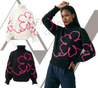 Suéter de punto de cuello alto para mujer con diseño floral 3D de moda, bordado de cuerda rosa neón, jersey de cuello alto, prendas de punto personalizadas
