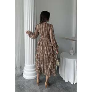 เดรสชีฟองสีน้ำตาลทรงเอไลน์ คอตั้ง แต่งระบายยาว เอวทรงเอ็มไพร์ ผ้าซีทรู ชุดราตรี - Product Image 1