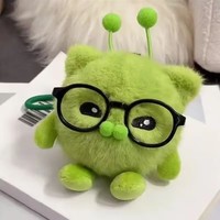 Porte-clés Kawaii Alien Vert, Mini OVNI en Verre Noir, Animaux, Monstre à Pompon Moelleux, Boule de Fourrure Douce et Pelucheuse, Elfe en Peluche