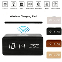 LED digitale houten wekker draadloos telefoonopladen USB temperatuur helderheid instelbaar nachtkastje slaapkamer tafel logo op maat