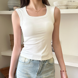 2025 camiseta sin mangas de algodón acanalado informal para mujer, sujetador integrado transpirable de verano, espalda contorneada, Parte delantera OEM - Product Image 1