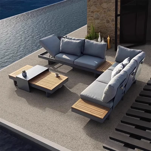 Современный стиль алюминиевый каркас открытый садовый дворик Тиковый деревянный диван набор водонепроницаемая ткань открытый диван набор - Product Image 4