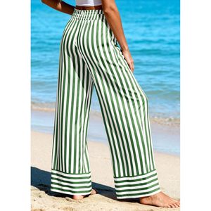 Womens Palazzo <b>Pants</b> Green White Striped Wide Leg High Waist Flowy Chiffon Lounge Trousers Casual <b>Summer</b> <b>Pants</b> - Product Image 4