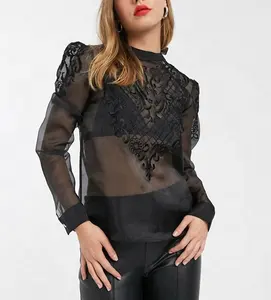 Woman Sexy Style Floral Embroidered Black Organza Blouse