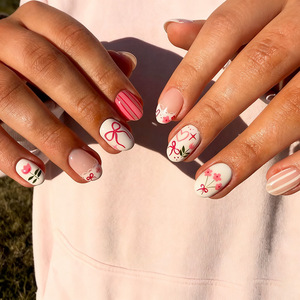 Faux ongles à presser courts carrés, motif nœud floral mignon, dégradé rose nude, <span class=keywords><strong>dentelle</strong></span> et cœur, peints à la main, style doux, pour <span class=keywords><strong>manucure</strong></span> quotidienne - Product Image 2