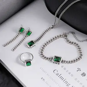 925 Sterling Zilveren Sieraden Thai Zilveren Groene Cz Ketting Armband Ring Oorbellen Sieraden Sets Voor Vrouwen