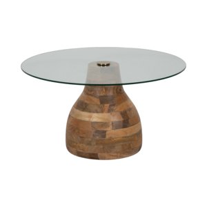 Mesa de Centro Redonda de Madera Rayada con Tapa de Vidrio y Base de Madera Sólida para Patio, Balcón y Uso en Exteriores - Product Image 2