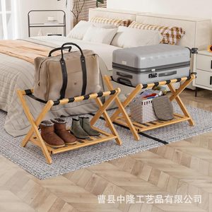 Solid wood double-layer <b>foldable</b> luggage rack with shoe rack, heavy-duty luggage storage rack for hotel bedrooms, and <b>suitcase</b> - Product Image 3
