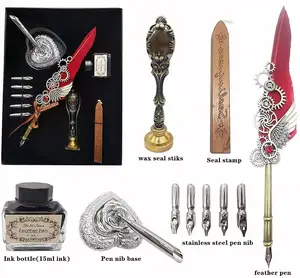 Antieke Mechanische Wing Ontwerp Feather Quill Pen Kalligrafie Dip Pen En Inkt Set Met Vintage Graveren Pen Stand En Gift doos