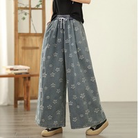Pantalones Palazzo Vaqueros Florales Grabados de Verano 2026 al por Mayor, de Cintura Alta con Cordón Elástico y Fruncido, Lavado Medio, Tallas Grandes para Mujer