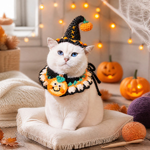 Collar de Halloween para mascotas, tejido a mano, con alas de murciélago, sombrero de bruja, calabaza de felpa, fantasma, babero divertido y calentador de cuello para gatos y perros - Product Image 1
